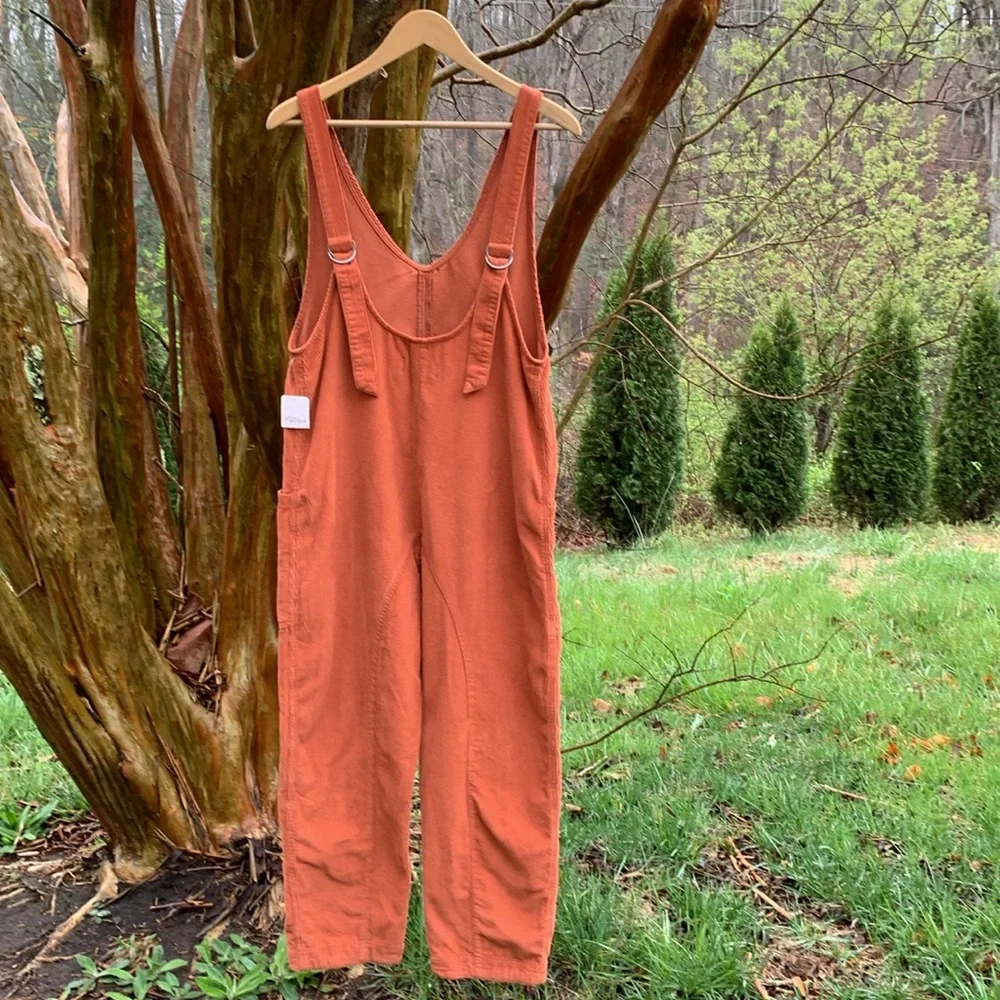 Free People High Roller Corduroy Jumpsuit in Burnt Orange